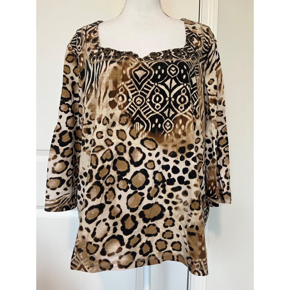 Ruby Rd. Womens Animal Print Top Leopard & Tribal Design Size 2X Gold Accents